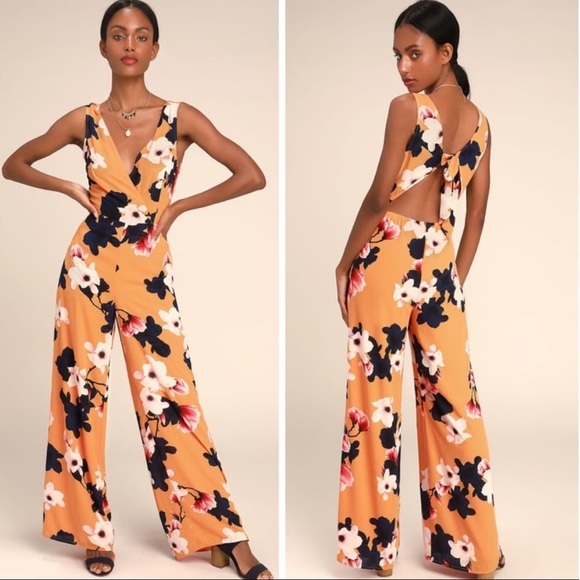 NWT Lulus Size Small Heart Abloom Orange Floral Wide-Leg Jumpsuit Cut Out Back - Picture 1 of 4